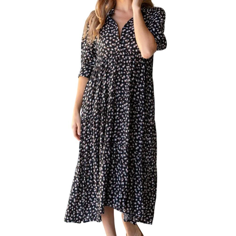 Natural Life Women's Rebecca Midi Dress Rayon Boho Tiered Floral Black Size XXL
